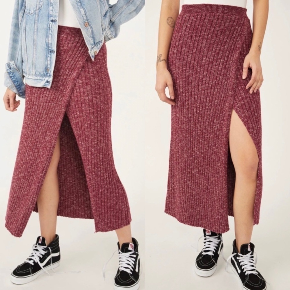 NWT Free People Better Days Ribbed Knit Midi Skirt w/ Slit in Wine Combo